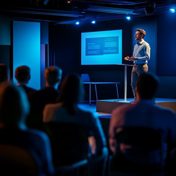 Event execution phase - man presenting on stage with large screen and audience