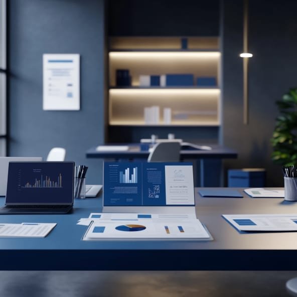 Event evaluation phase - modern office desk with laptops, documents and charts