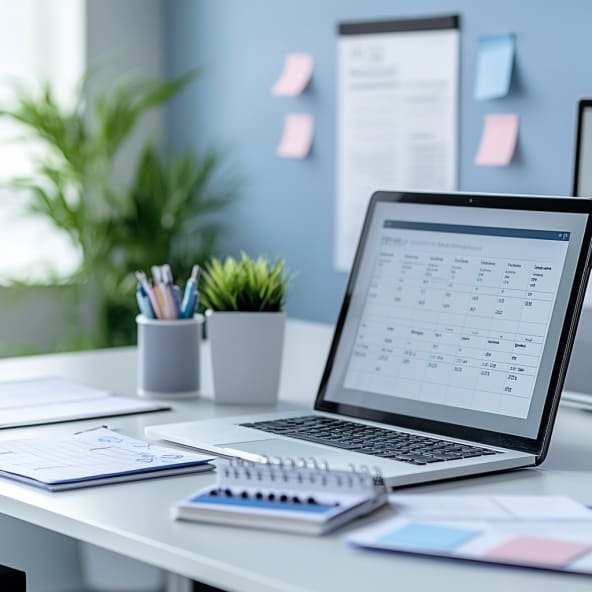 Event planning phase - laptop with spreadsheet, pen holder and green plant on white desk